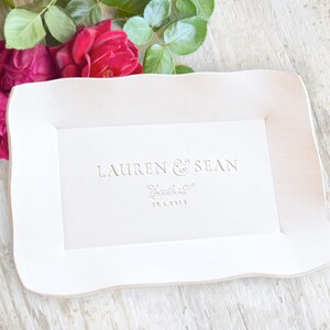 Personalized platter 15 inch extra large white gloss rectangular ceramic serving tray with gentle wavy sides, engraved with bride groom names & date, white on white design hand stamped clay, parents anniversary milestone, wedding gift, ceremony dish