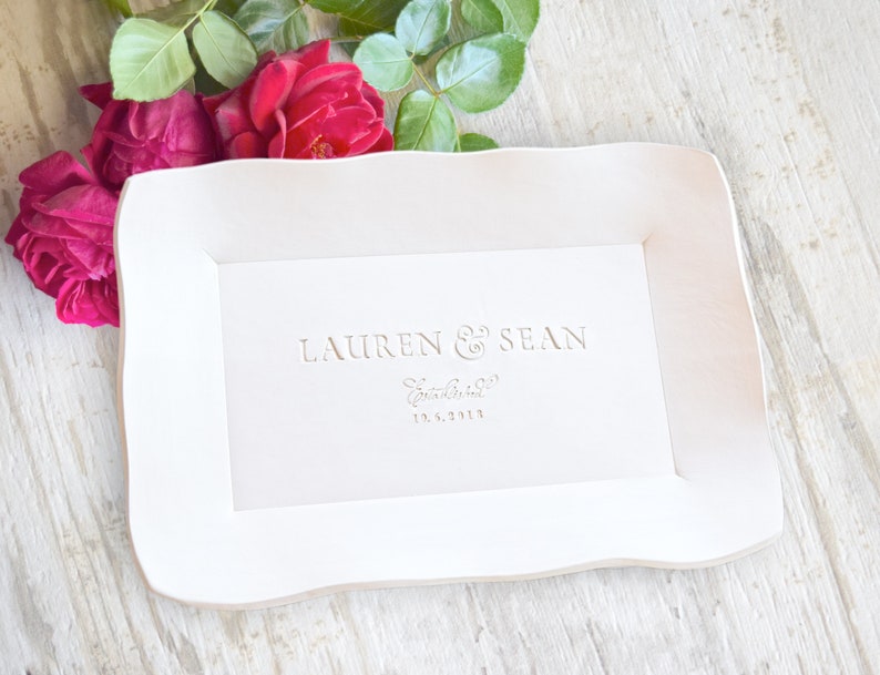 Personalized platter 15 inch extra large white gloss rectangular ceramic serving tray with gentle wavy sides, engraved with bride groom names & date, white on white design hand stamped clay, parents anniversary milestone, wedding gift, ceremony dish