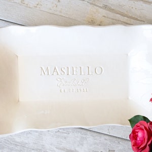 Personalized platter 15 inch extra large white gloss rectangular ceramic serving tray with gentle wavy sides, engraved with bride groom names & date, white on white design hand stamped clay, parents anniversary milestone, wedding gift, ceremony dish