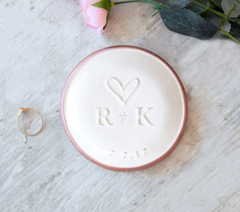 rose gold rim 3.5 inch gloss white ceramic wedding ring dish engraved with big heart, plus sign between 2 name initials, date