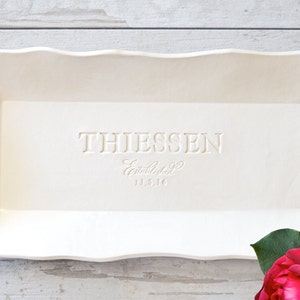 Personalized platter 15 inch extra large white gloss rectangular ceramic serving tray with gentle wavy sides, engraved with bride groom names & date, white on white design hand stamped clay, parents anniversary milestone, wedding gift, ceremony dish