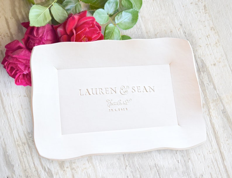 personalize platter white gloss handmade ceramics square serving tray with wavy sides, hand stamped 1 or 2 names & date family keepsake, nordic white on white design hand stamped letters. memory wedding anniversary gift, retirement party centerpiece