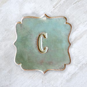 Personalized Spoon Rest, Gold Letter Monogrammed Ceramic Green Plate, Custom Utensil Holder, Handmade Pottery