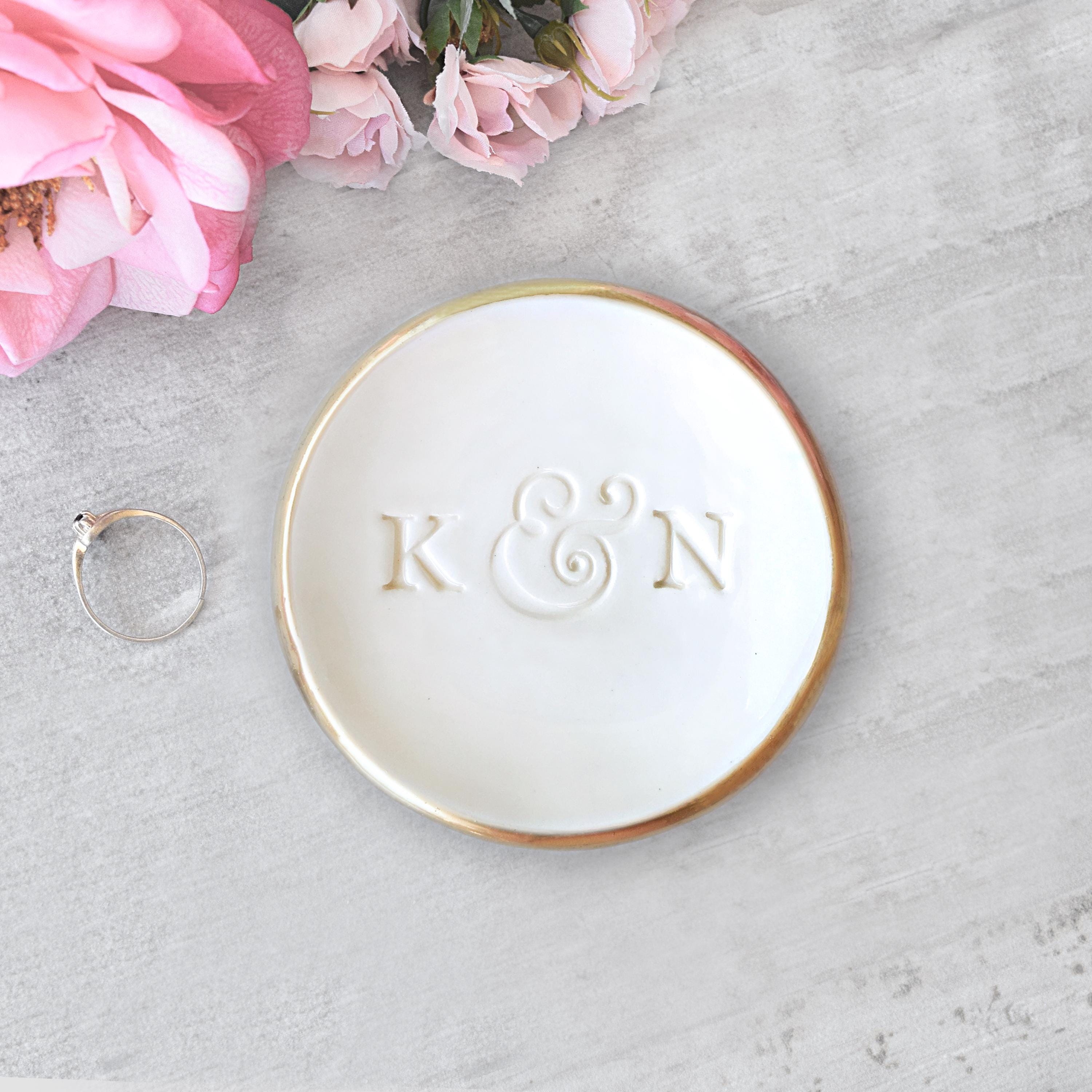Personalized Monogram Ring Dish Custom Initials Date Ceramic Wedding Ring Holder Engagement Gift, Handmade Pottery