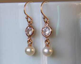 Rose Gold Pearl Earrings/CZ earrings/Rose gold plate, pearls & CZ earrings/Rose gold fill earrings/Beach Bride earrings/Dangle Earrings