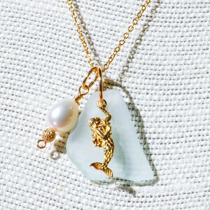 Sterling Vermeil Mermaid and Seaglass necklace/14 GF Chain/Artisan sterling and sea glass/sea glass Fashion/Mermaid Jewelry/Ocean