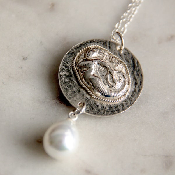 Sterling Silver Mermaid and Pearl Necklace/Impression Die Necklace/Wearable History/Nature Necklace/Ocean Necklace/Wedding Necklace