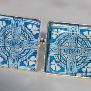 Men&#39;s Cufflinks/Genuine Vintage Irish Stamp Cufflinks /Erie Handmade Cufflinks/Sterling Plated Celtic Cuff Link/Celtic Cross Cufflinks