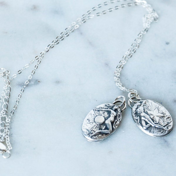 Sterling Silver Morning Sun and Evening Star Necklaces/Impression Die Necklace/Wearable History/Vintage Feminism