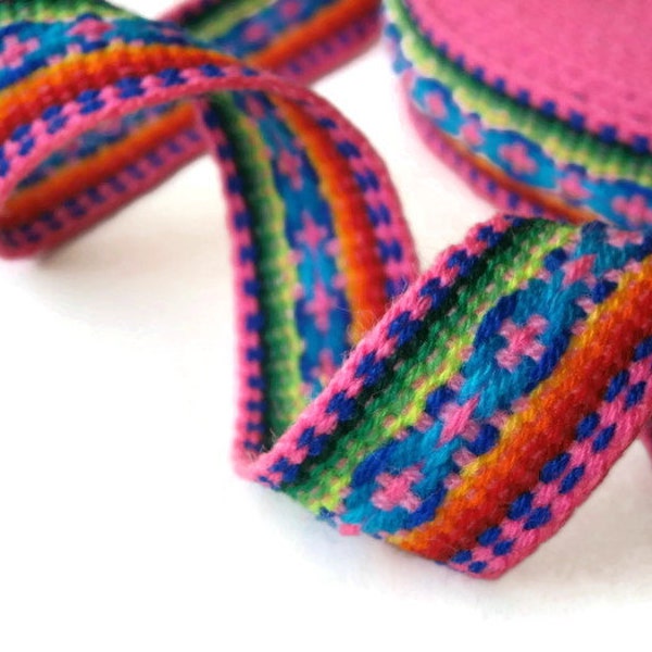 Pink and Blue Trim Embellishment, Jacquard Craft Ribbon  28 mm/1.1" x 4.95 m/5 yd