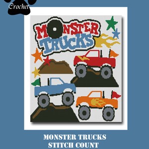 Monster Trucks 200sts by 200rows Blanket Crochet Graph Graphghan Pattern WITH WRITTEN INSTRUCTIONS