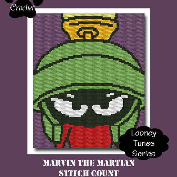 Marvin the Martian 100x100 SC Crochet Graph Pattern with Written Row by Row Instructions skein and stitch count