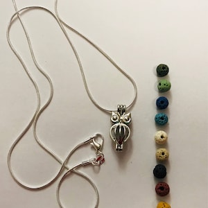 Puede incluir: Un collar de cadena plateada con un colgante difusor de aceites esenciales en forma de búho. El collar viene con ocho cuentas de roca volcánica de varios colores, incluyendo verde, azul, blanco, marrón, rojo y amarillo.