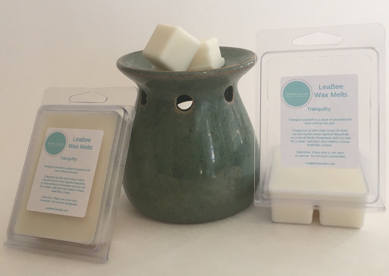 Op de afbeelding: Een set wax melts in een doorzichtige plastic verpakking met het label "LeaBee Wax Melts Tranquility". De wax melts zijn wit en bevinden zich in een keramische wax warmer met een groene glazuur.