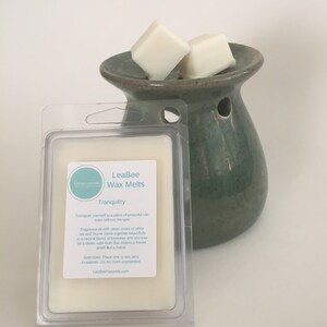 Op de afbeelding: Een witte wax melt in een doorzichtige plastic verpakking met het label "LeaBee Wax Melts Tranquility". Het label beschrijft de geur als "Transporteer jezelf naar een plek van vredige zen, zelfs zonder de spa! Geurolie met heldere tonen van witte thee en tijm die prachtig samenkomen in een natuurlijke mix van bijenwas en sojawas voor een schone, veilige brand die je huis een huiselijke geur geeft."