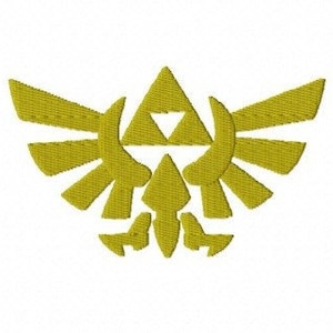 May include: Embroidered gold-colored emblem featuring a central triangle with a smaller white triangle inside, flanked by stylized wings and other geometric shapes. The design is set against a white background, creating a striking contrast.