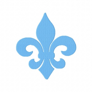 May include: A light blue fleur-de-lis design on a white background. The stylized floral emblem is a symmetrical shape with three petals and a diamond-shaped base. The design has a textured appearance.