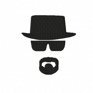 May include: Black embroidered design of a fedora hat, sunglasses, and a goatee on a white background. The design is a stylized representation of a character.
