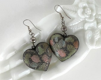 Vintage 1990s Puffy Heart Dangle Earrings Pierced, 90s Puffy Heart Earrings, 90s Painted Heart Dangle Earrings, Puffy Metal Heart Earrings