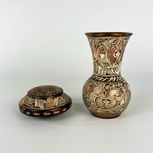 Vintage Erzincanlilar türkische Kupfervase und Trinket Box, Erzincanlilar geätzte Kupfergefäße, Vintage Kupfer Bud Vase und Trinket Box