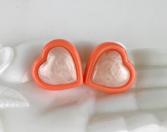 Vintage 1980s Puffy Heart Clip on Earrings, 80s Chunky Heart Clip On Earrings, 80s Pink Button Earrings, 80s Lucite Earrings Puffy Hearts