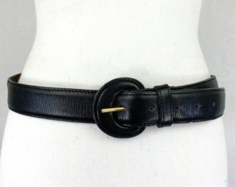 Black vintage belt 90s vintage belt Waisted genuine leather belt Gold buckle belt 80s black belt