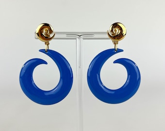 Vintage 1980s Blue Spiral Clip On Earrings, 80s Clip On Dangle Earrings Blue and Gold Tone Spirals, 80s Spiral Earrings, 80s Chunky Earrings