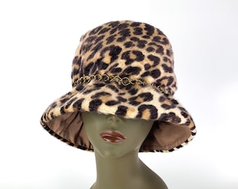 Vintage 1960s United Hatters Union Fuzzy Leopard Print Bucket Hat, 60s Faux Fur Bucket Hat in Leopard Print, 60s Furry Leopard Women's Hat