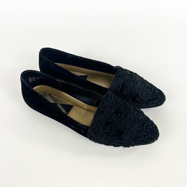 Vintage 1990s Mootsies Tootsies Black Suede Flats Size 7 M, 90s Black Slipper Flats, 90s Mootsie's Tootsies Black Leather Loafers Size 7 M