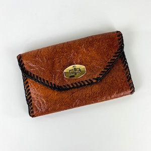 Cartera cosida de vinilo vintage de la década de 1970, cartera vintage de cuero sintético naranja quemado de los años 70 con costuras de borde marrón, cartera vintage de los años 70