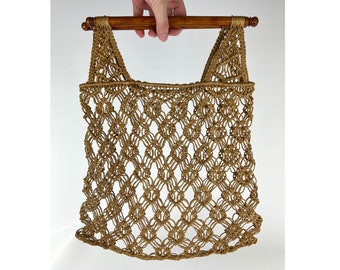 Vintage Macrame Market Tote with Wood Handles, 70s Crochet Tote Bag Wooden Handles, 70s Tote Bag, 1970s Macrame Handbag, 70s Beach Bag