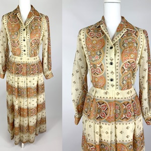70s Avalon Classics Maxi Dress Size 10, Vintage 70s Paisley Maxi Dress, 70s Boho Maxi Dress with Floral Paisley Pattern and Bishop Sleeves