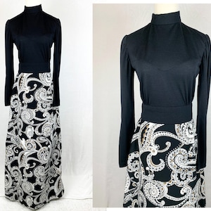 1970s Paisley Maxi Dress, Vintage 70s Mock Neck Maxi Dress, Black Maxi Dress, Vintage Paisley Mock Neck Maxi Dress, Vintage 70s Prom Dress