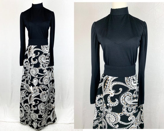 1970s Paisley Maxi Dress, Vintage 70s Mock Neck M… - image 1