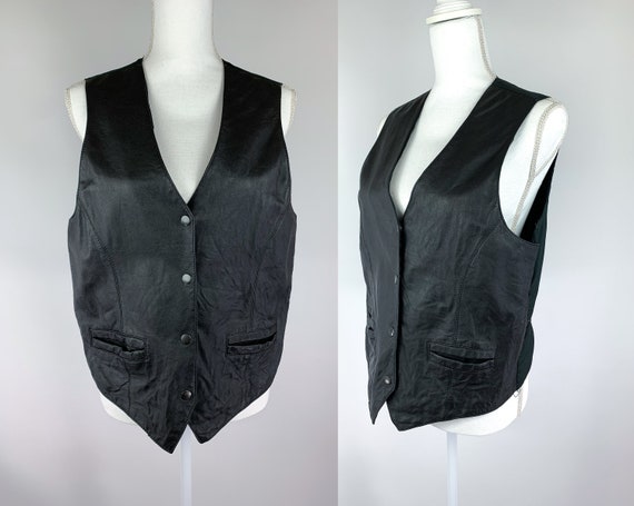80s Apollo Leberdesign Black Leather Vest Size M/L, 80s Leather Biker Vest, Vintage Leather Vest Medium, Women's Leather Vest Large