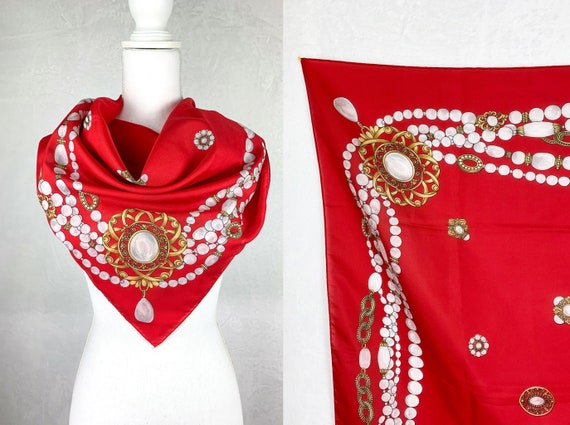 Big Over the Top 80s Red Pearl Chain Print Scarf,… - image 7