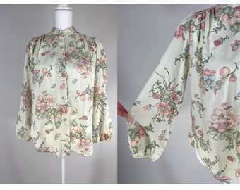 Vintage 1980s Cotton Floral Blouse with Bishop Sleeve, Well Worn Cotton Butterfly Blouse with Billowy Sleeves, High Neck Secretary Blouse