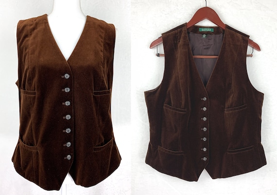 1990s Ralph Lauren Brown Velvet Waistcoat Vest Siz