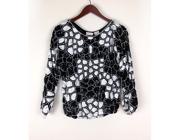 80s Black and White Beaded Top Size Medium, by Do… - image 1