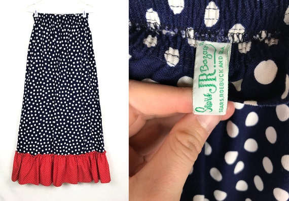 Vintage 1970s JR Bazaar Sears BOHO Long Skirt Polka Dot Red White Blue 13