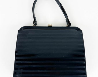 Vintage 1960s MCM Black Patent Handbag, 60s Striped Black PVC Handbag with Top Handle, Midcentury Black Striped Purse, 60s Hinged Handbag