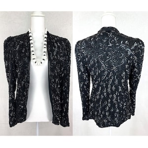 Night Line Sequined and Beaded Jacket Size Medium, 80s Sequin Jacket M, 1980s Beaded Jacket, 80s Black Sequined Jacket Blazer Size Medium