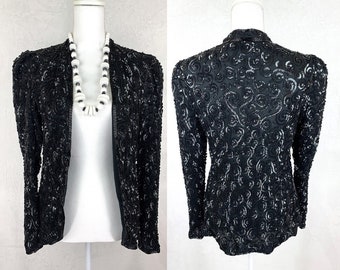 Night Line Sequined and Beaded Jacket Size Medium, 80s Sequin Jacket M, 1980s Beaded Jacket, 80s Black Sequined Jacket Blazer Size Medium