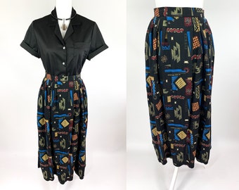 1990s Sag Harbor Western Print Falda Talla Grande 32 pulgadas cintura, Black Western Print Falda L, Vintage 90s Midi Falda con Southwest Print L