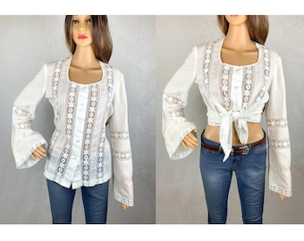 Vintage crèmekleurige boerenblouse met klokmouwen, jaren '70 hippieblouse, klokmouwenblouse, witte kanten blouse met knopen, witte cottagecore-blouse
