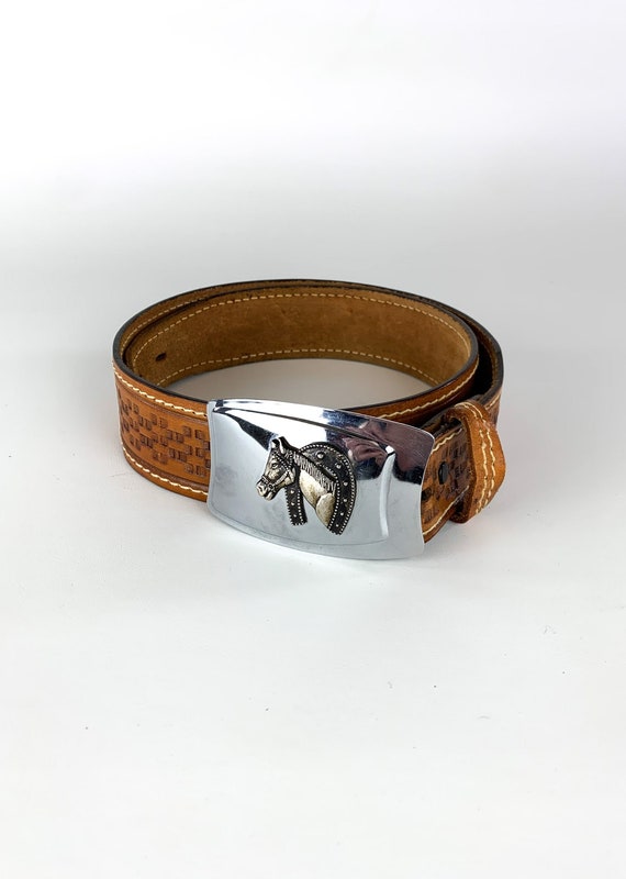 Vintage 1970s Tooled Leather Belt with Equestrian… - image 1