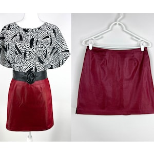 Vintage 90s La Belle Wet Look Mini Skirt 28 Inch Waist, 90s Red Mini Skirt Wet Look Size M, 1990s Club Kid Red Mini Skirt Size Medium