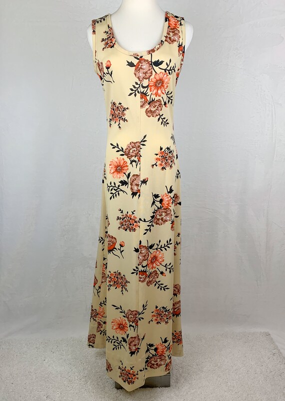 70s Cream Floral Maxi Dress, 70s Sleeveless flora… - image 2