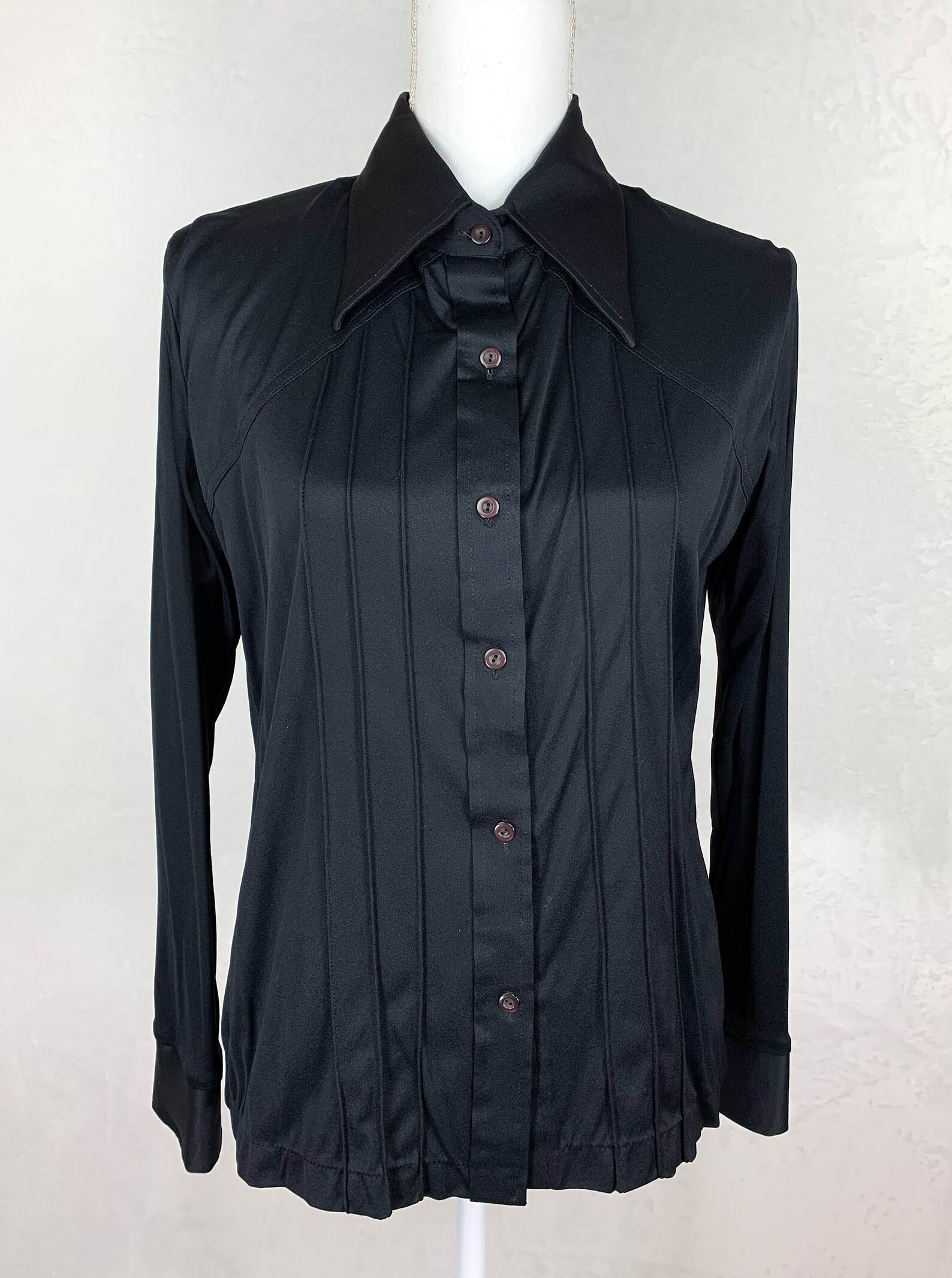 70s Black Dagger Collar Shirt Sz 38 1970s Vintage Black Disco Etsy