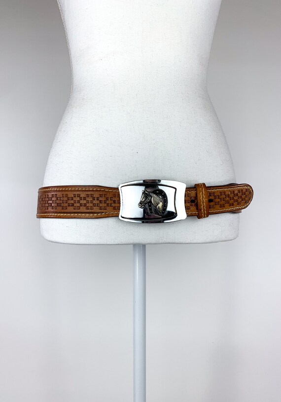 Vintage 1970s Tooled Leather Belt with Equestrian… - image 2